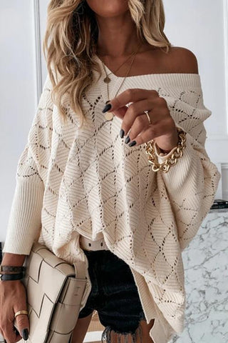 Hollow Out Batwing Sleeve V Neck Sweater