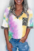 Tie Dye Leopard V Neck T Shirt