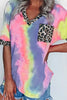 Tie Dye Leopard V Neck T Shirt