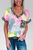 Tie Dye Leopard V Neck T Shirt