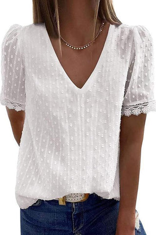 Lace V Neck Short Sleeve Blouse
