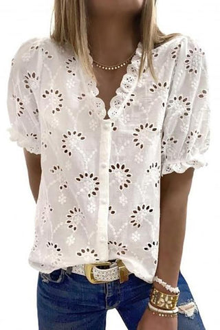 Hollow Button Puff Short Sleeve Blouse