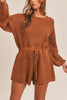 O Neck Puff Long Drawstring Sweater Romper