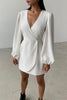V Neck Puff Sleeve Slit Hem Mini Dress