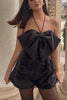 Satin Bow Halter Neck Sequin Short Romper