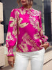 Bishop Sleeve Monstera Ceriman Printed Stand Collar Blouses&Shirts Tops