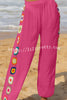 Dimarco Linen Blend Colorful Crochet Flower Patchwork Stretch Waist Wide Leg Pants