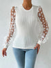 Fashion Long Sleeves Floral Printed See-Through Applique Round-Neck Blouses&Shirts Tops