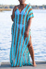 Stripe V Neck Side Slit Hollow Caftan Dress