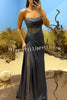 Essie Satin Rhinestone Patchwork Twist Waist Strapless Slit Maxi Dress