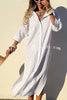 All-match Striped Button Up Half Sleeve Belted Pocket Shirt Midi Dress