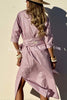 All-match Striped Button Up Half Sleeve Belted Pocket Shirt Midi Dress