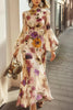 Floral Print Elegant Long Sleeve Fitted Ruffle Maxi Dress