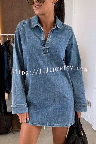 Fashion Lapel Long Sleeve Loose Denim Mini Dress