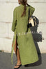 Linen Blend Solid Color Casual Lapel Tie Loose Maxi Dress