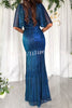 Extremely Beautiful Shiny Fabric Bell Sleeve Slit Party Maxi Dress