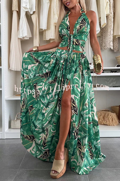 Amazon Scenery Unique Print Tie-up Cutout Waist Ring Halter Slit Maxi Dress
