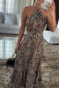 Leopard Print Sexy Halterneck Backless Lace-up Maxi Dress