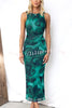 Baha Mesh Overlay Floral Print Ruched Tank Stretch Maxi Dress