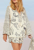 Casual Graffiti Print Tassel Contrast V Neck Long Sleeve Two Pieces