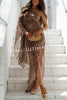 Lawren Chiffon Leopard One Shoulder Draped Sleeve Ruched Gold Metal Slit Maxi Dress