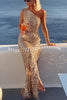 Santorini Night Sequin Fabric One Shoulder Slit Maxi Dress