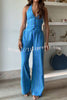 Regine Linen Blend Striped Button Halter Backless Vest and Elastic Waist Pocket Pants Set