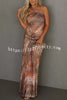 Wild Beauty Snake Print Cross Neck Gold Ball Accents Ruched Stretch Maxi Dress