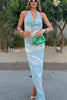Caralyn Unique Print Halter Cowl Neck Slit Stretch Maxi Dress