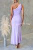 Solid Color Elegant Mesh One Shoulder Sexy Waist Hollow Out Maxi Dress