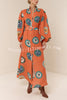 Linen Blend Unique Print Belted Single-breasted Casual Maxi Dress