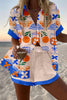 Orange Drink Print Loose Button Elastic Waist Shorts Set