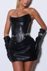 Palmer Faux Leather Pleated Off Shoulder Neck Slit Stretch Mini Dress