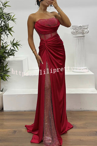 Essie Satin Rhinestone Patchwork Twist Waist Strapless Slit Maxi Dress