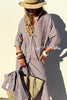 All-match Striped Button Up Half Sleeve Belted Pocket Shirt Midi Dress