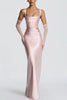 Calanthe Satin Square Neck Ruched Back Lace-up Drape Mesh Scarf Maxi Dress