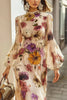 Floral Print Elegant Long Sleeve Fitted Ruffle Maxi Dress