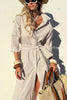 All-match Striped Button Up Half Sleeve Belted Pocket Shirt Midi Dress