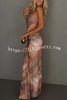 Wild Beauty Snake Print Cross Neck Gold Ball Accents Ruched Stretch Maxi Dress