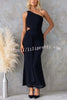 Solid Color Elegant Mesh One Shoulder Sexy Waist Hollow Out Maxi Dress