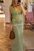 Wonderful Fusion Satin Lace Trim See-through Waist V-neck Drape Maxi Dress