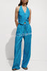 Regine Linen Blend Striped Button Halter Backless Vest and Elastic Waist Pocket Pants Set