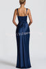 Calanthe Satin Square Neck Ruched Back Lace-up Drape Mesh Scarf Maxi Dress