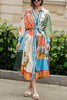 Unique Printed Lantern Sleeve Drawstring Shirt Resort Style Midi Dress