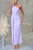 Solid Color Elegant Mesh One Shoulder Sexy Waist Hollow Out Maxi Dress