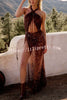 Music Carnival Sequin Cross Neck Cutout Backless Slit Maxi Dress