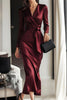 Solid Color Satin V-neck High Waist Tie Slim Midi Dress