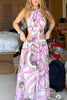 Tauni Unique Print Hollow Waist Backless Elastic Strap Halter Maxi Dress