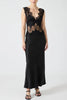 Wonderful Fusion Satin Lace Trim See-through Waist V-neck Drape Maxi Dress