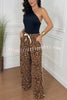 Sporty Fashion Leopard Stripe Print Elastic Waist Pocketed Wide Leg Pants